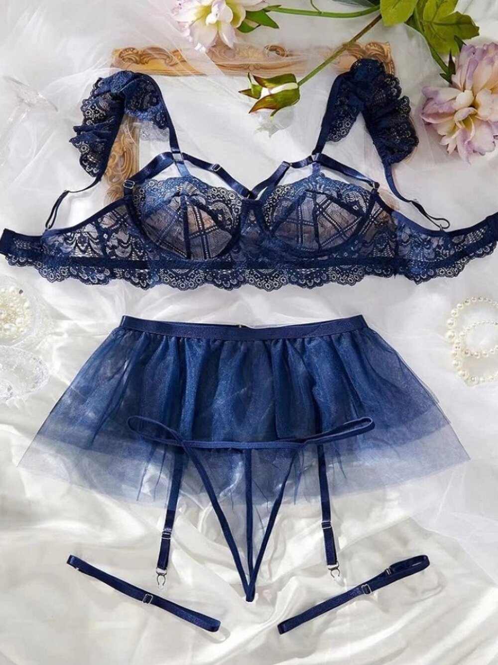 Women Sexy Lingerie Lace Sheer Babydoll Nightie Chemise Sleepwear Bra Skirt Set. - Picture 5 of 14